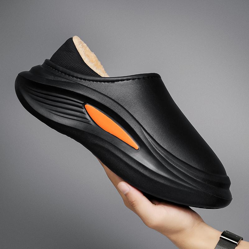 Cotton slippers for men's winter bag with plush and thickened heel, anti slip and waterproof, with a sense of stepping on feces