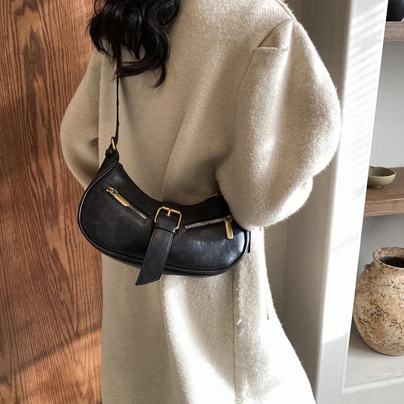 Monochromatic feminine shoulder bag soft PU bag zippered interior pocket high quality fashionable crescent moon