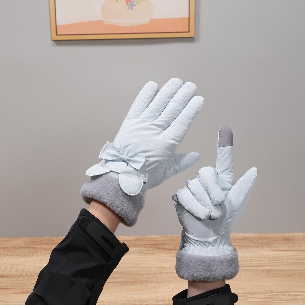 Warm Gloves for Women's Cold and Windproof Cute Bows Outdoor Riding Thickened Velvet Touch Screen Autumn and Winter Gloves