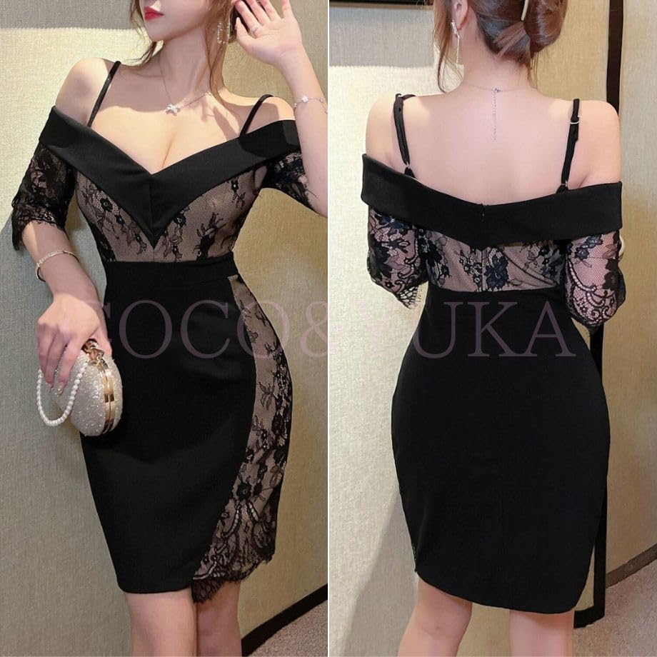 Coco and Yuka Lace Mini Open Floral Padded Size Women's V-Neck Off-the-Shoulder Dress, Hostess/Club Dress, Sexy, Back, Print, (Black, L)