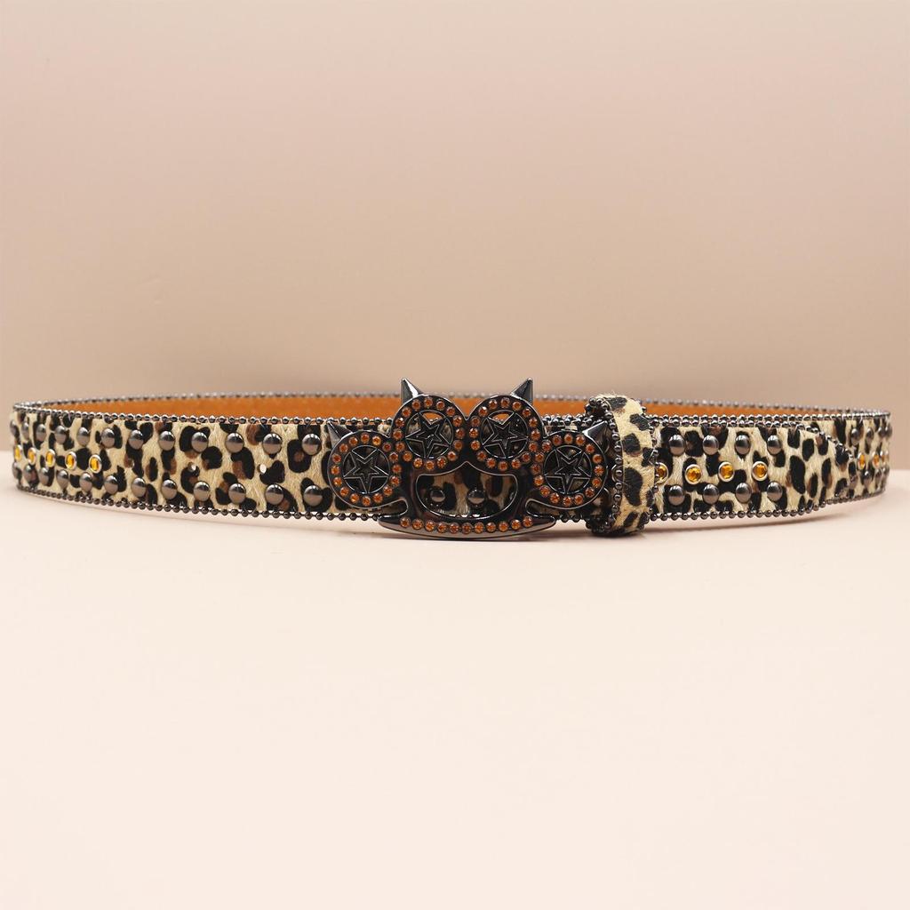 Leopard Print Rhinestone Knuckle Duster Punk Belt - Y2K European & American Style Women's Decorative Accessory