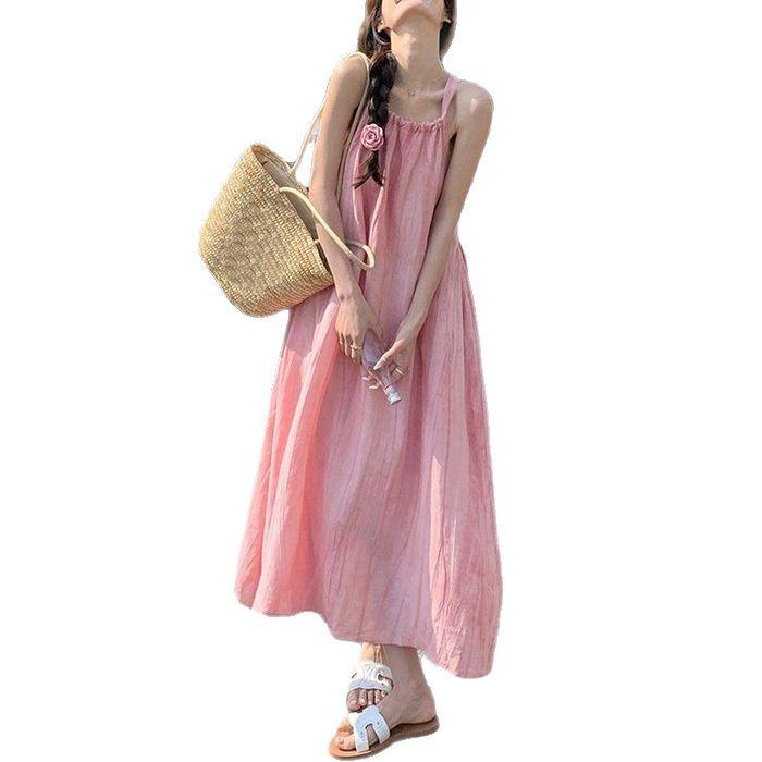 Summer 2025 Sleeveless Pink Slim Long Dress for Women: French Style, Age-Defying, Perfect for Seaside Holidays