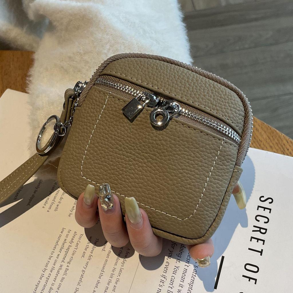 2025 Women's Genuine Leather Compact Wallet and Keychain - Lipstick, Earphone, and Coin Storage