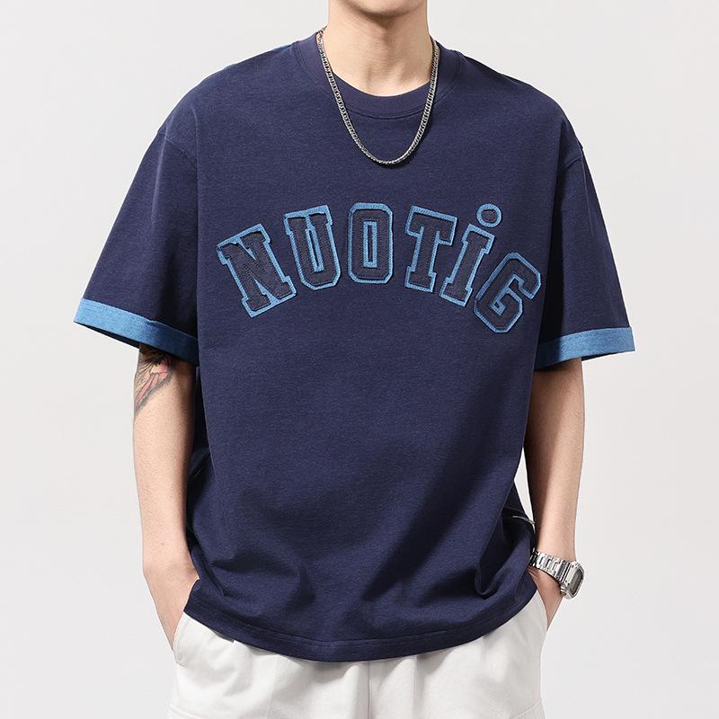 Letter Patch Color Block Washing Short-sleeved T-shirt for Men and Women Loose Casual Shirts
