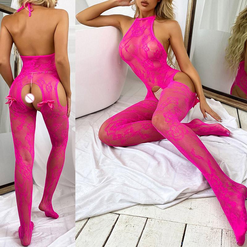 Hot Sexy Bow Open Crotch Bodystockings Women Sexy Lingerie Trending Fishnet Bodysuit Lace Underwear Erotic Garter Stockings New