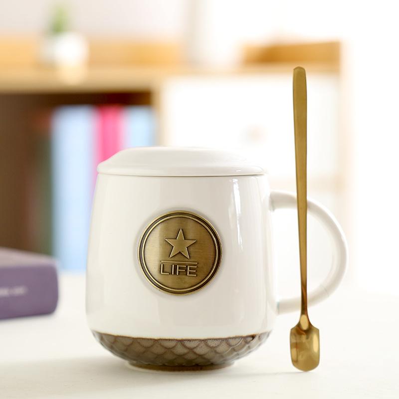 Bronze Xingba Ceramic Cup Water Cup Creative Copper Sheet Relief Xingba Fish Scale Coffee Cup