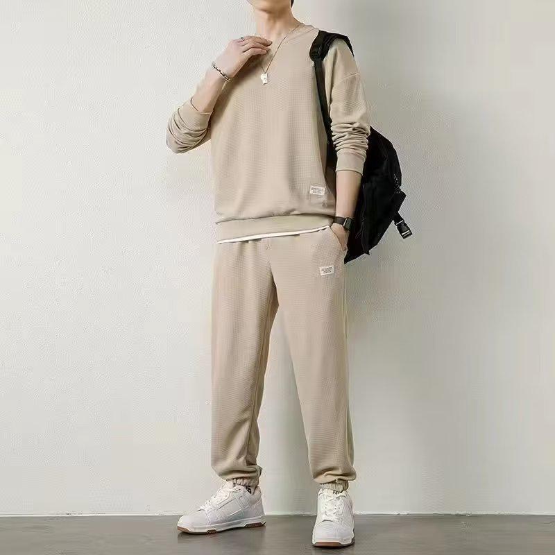 Men s Trendy Waffle Casual Suit: Autumn/Winter Loose Long-Sleeve Top and Trousers Set M