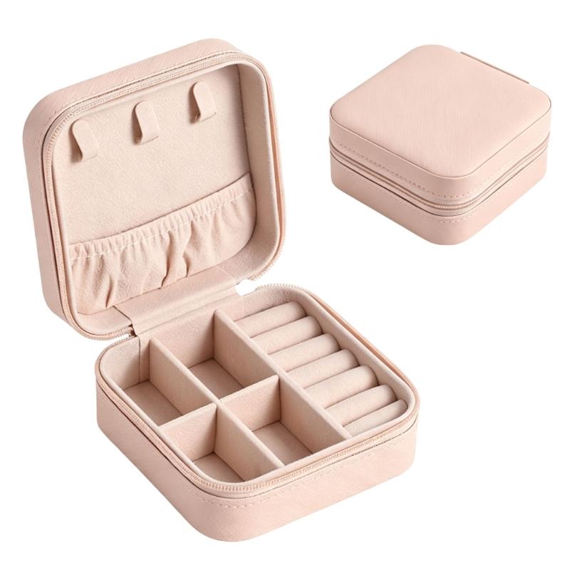 Zippered Leather-Material Jewelry Storage Case with Lid Hooks, Interior Pocket, Ring Rolls, and Removable Dividers