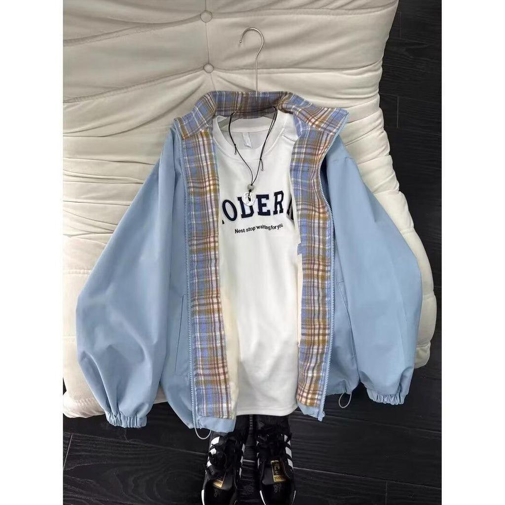 Men's Color-Block Plaid Stand-Up Collar Sports Jacket - Spring/Autumn Loose Casual Windproof Outerwear, Hong Kong Style.