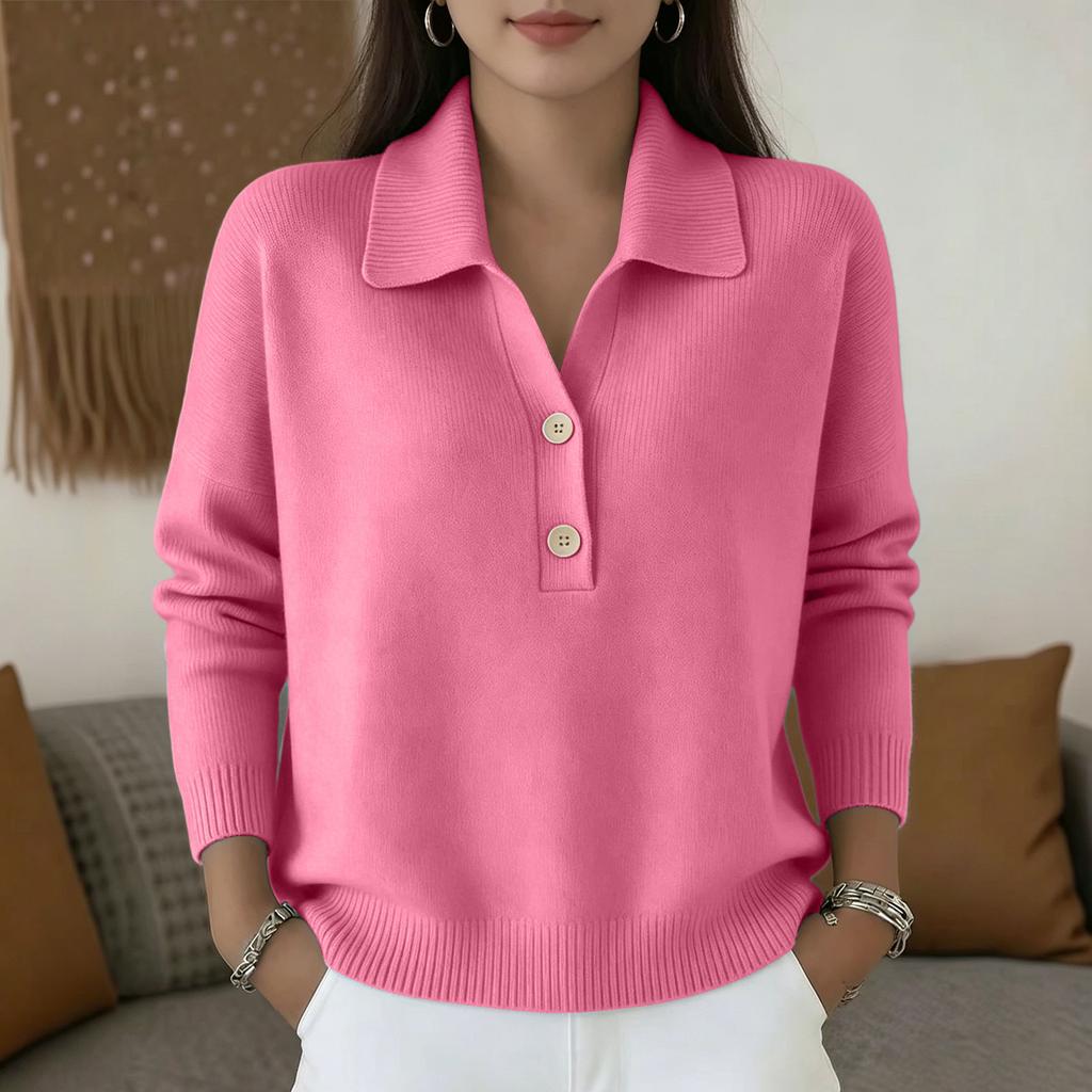 Women's Long Sleeve Knit Sweater Loose Fit Button Front Polo Collar Casual Pullover Top Lightweight Soft Fabric Comfortable Wear