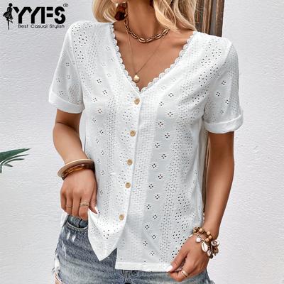 Kadın Modası Günlük Düz Renk Desen Kısa Kollu V Yaka Bluzlar ve Gömlekler