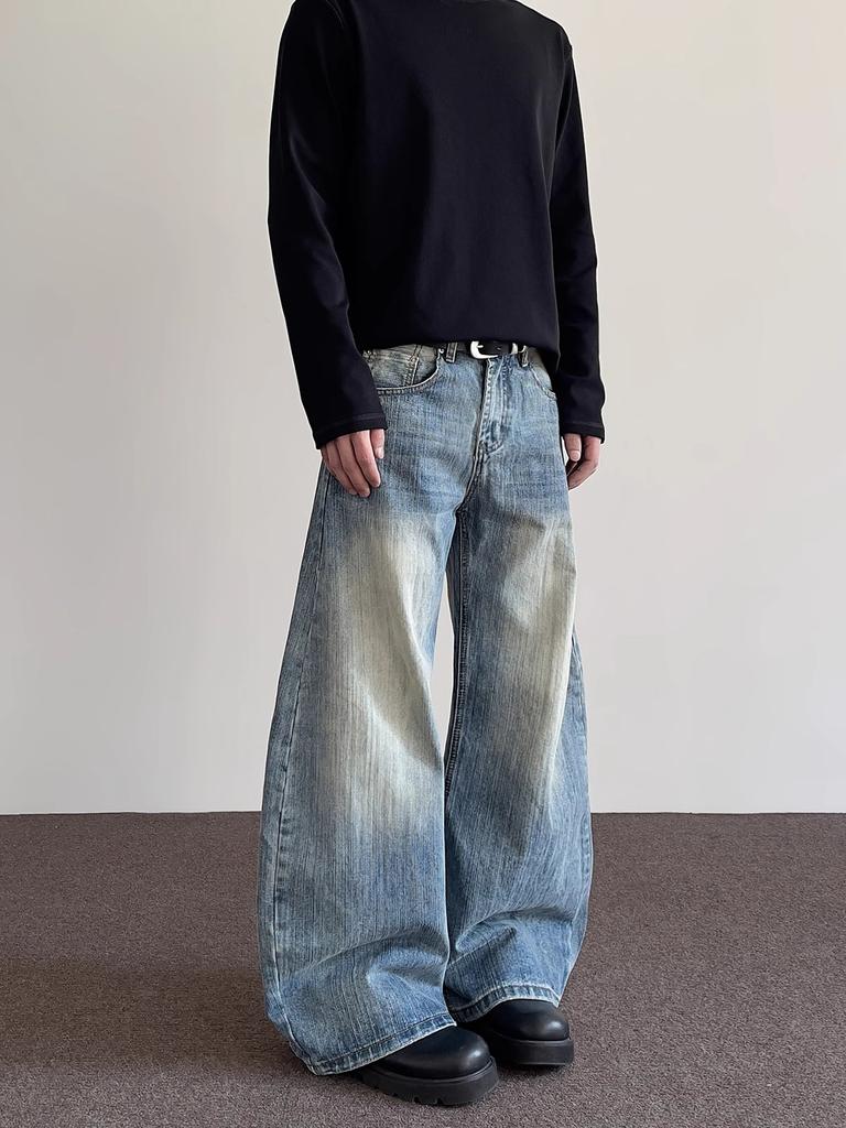 JYL Men's Flare Jeans American Niche Slub Washed Bootcut Cleanfit Loose Denim Pants