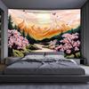 Mountain Tapestry Nature Forest Pink Cherry Blossoms for Bedroom Aesthetic Sunset Wall Hanging Orange and Green Landscape for