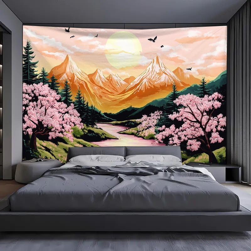 Mountain Tapestry Nature Forest Pink Cherry Blossoms for Bedroom Aesthetic Sunset Wall Hanging Orange and Green Landscape for