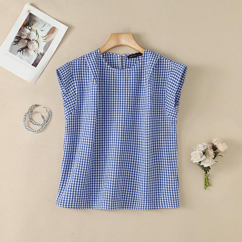 ZANZEA Women Casual Round Neck Sleeveless Plaid Print Blouse