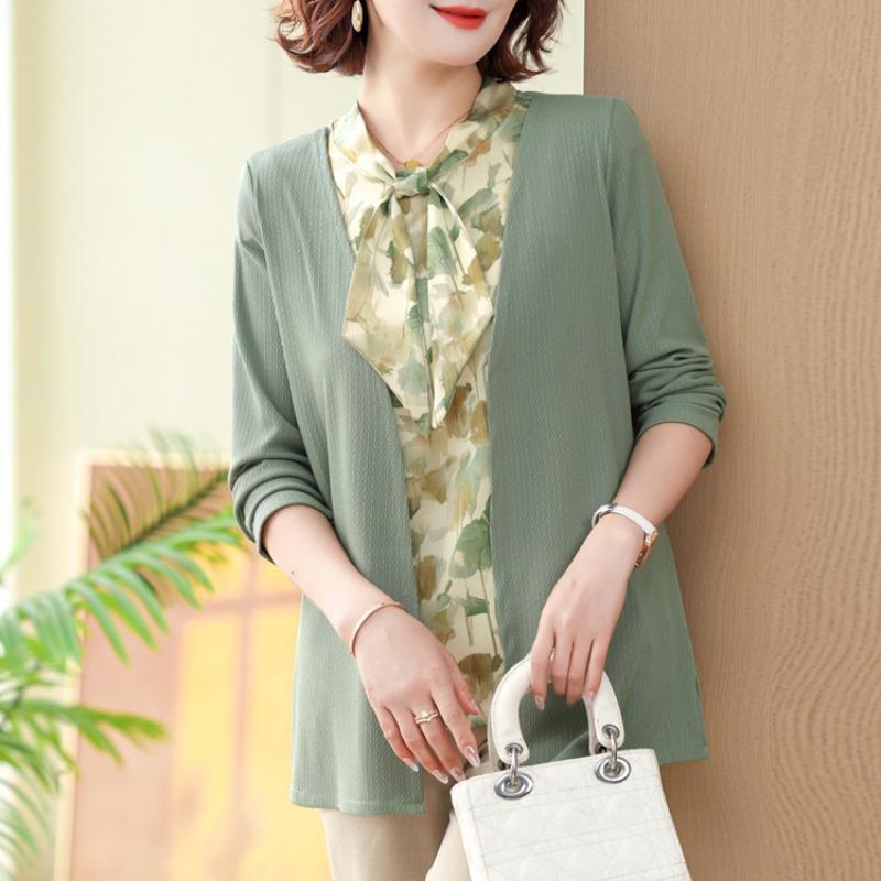 Medium Mother Fashion Shirt Middle-aged and Elderly Fake Two Thin Knitted Sweater Women's Top Early Autumn New