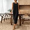 Women's Sleeveless Casual Color Cotton Linen Dress for Summer Everyday Wear