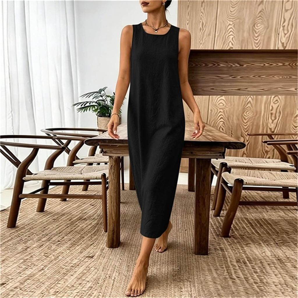 Women's Sleeveless Casual Color Cotton Linen Dress for Summer Everyday Wear