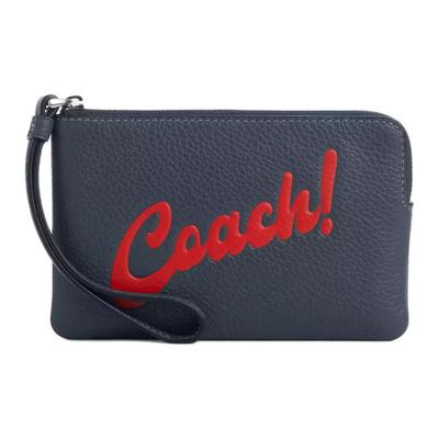 Corner Zip 16 Letter Logo Graphic Top Zip Closure Refined Pebbled Leather Clutch Small Women's Silver Patch Denim