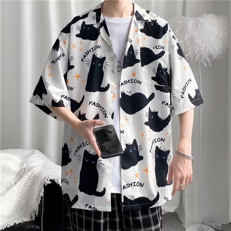 Men's Hip Hop Retro Cat Print Short Sleeve Shirt