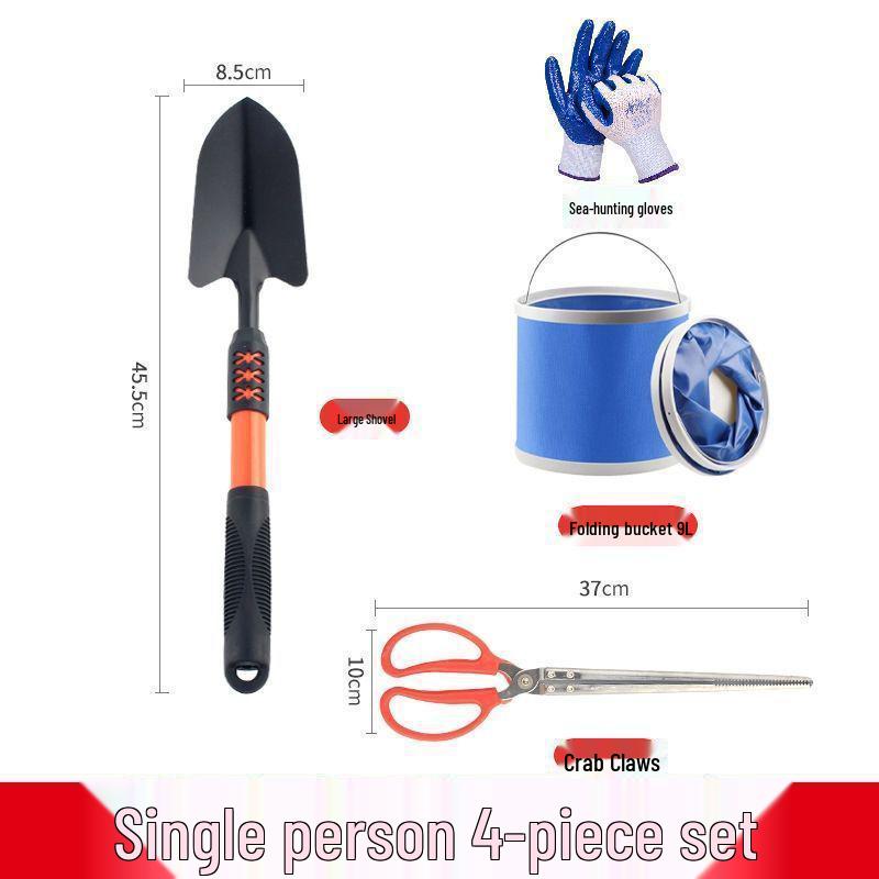 Tide-Chasing Tool Set: Adult Clam & Crab Digger with Gloves, Beach Shovel, Tongs, Kids' Gear, and Sand Rake.