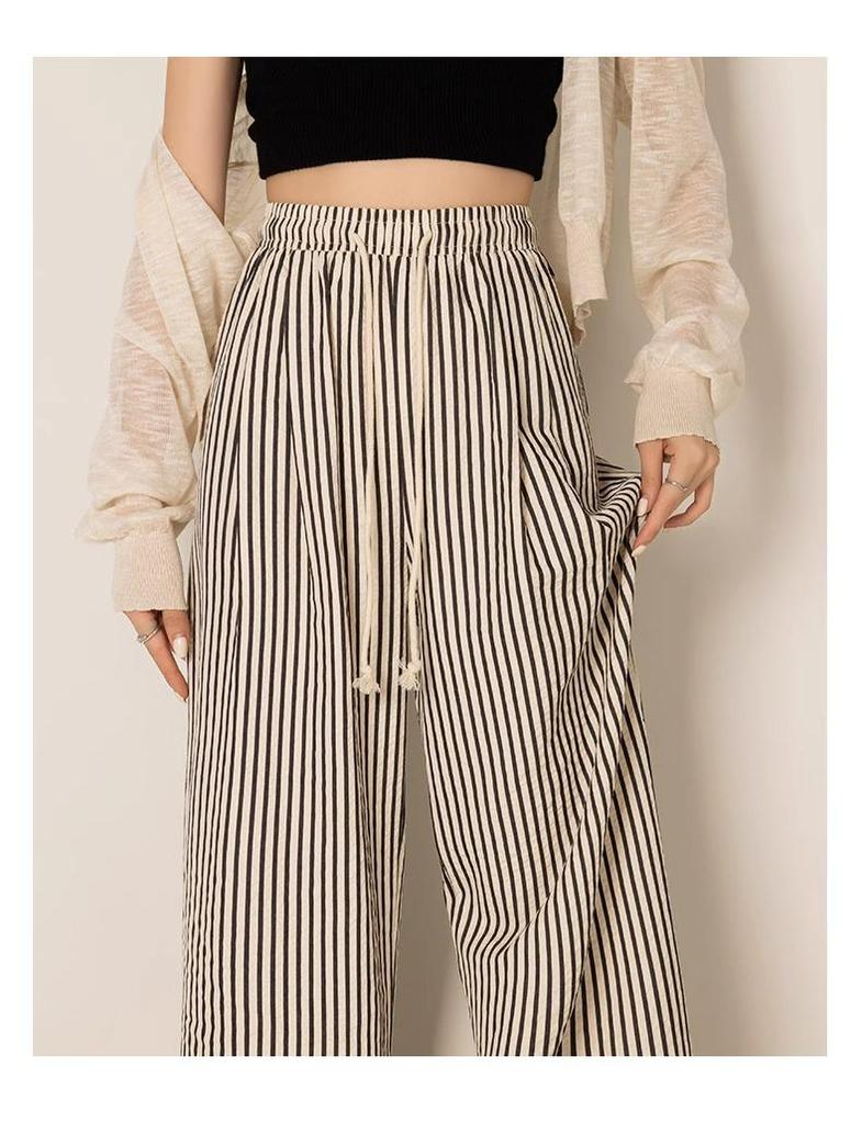 145cm Women's Black & White Striped Wide-Leg Summer Pants - Petite Casual Loose Fit