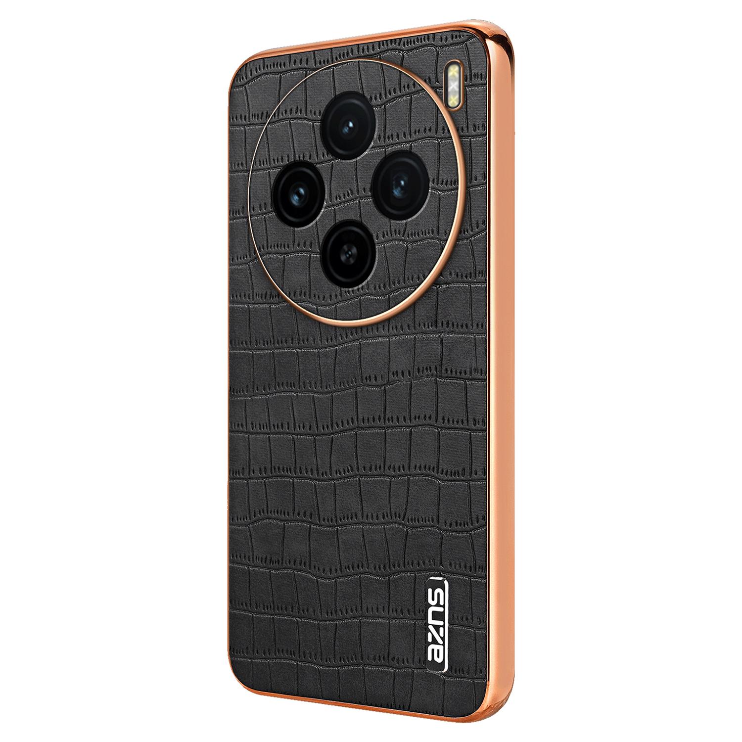 

For vivo X100 5G Case Leather+TPU Electroplating Phone Cover Crocodile Texture Black