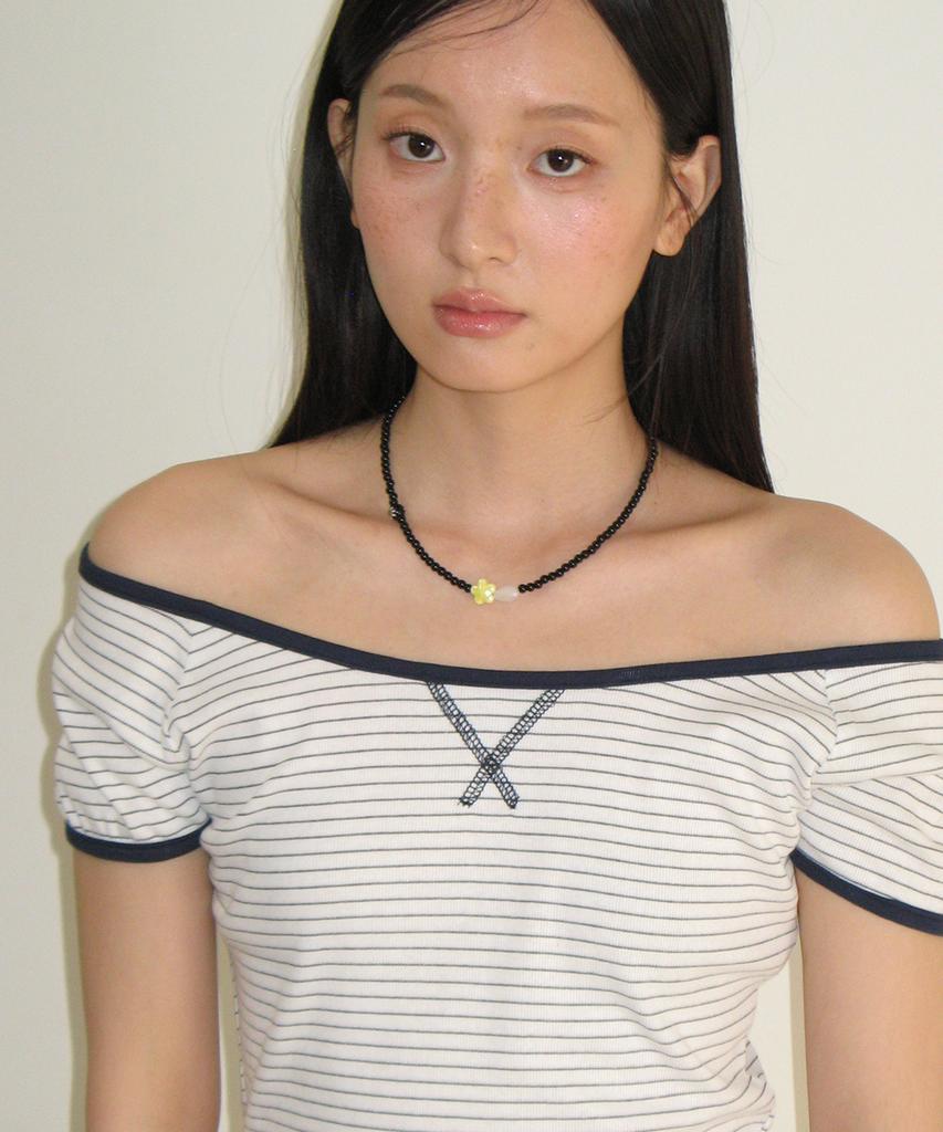 RONRON Stitch Stripe Off Shoulder T Shirt White