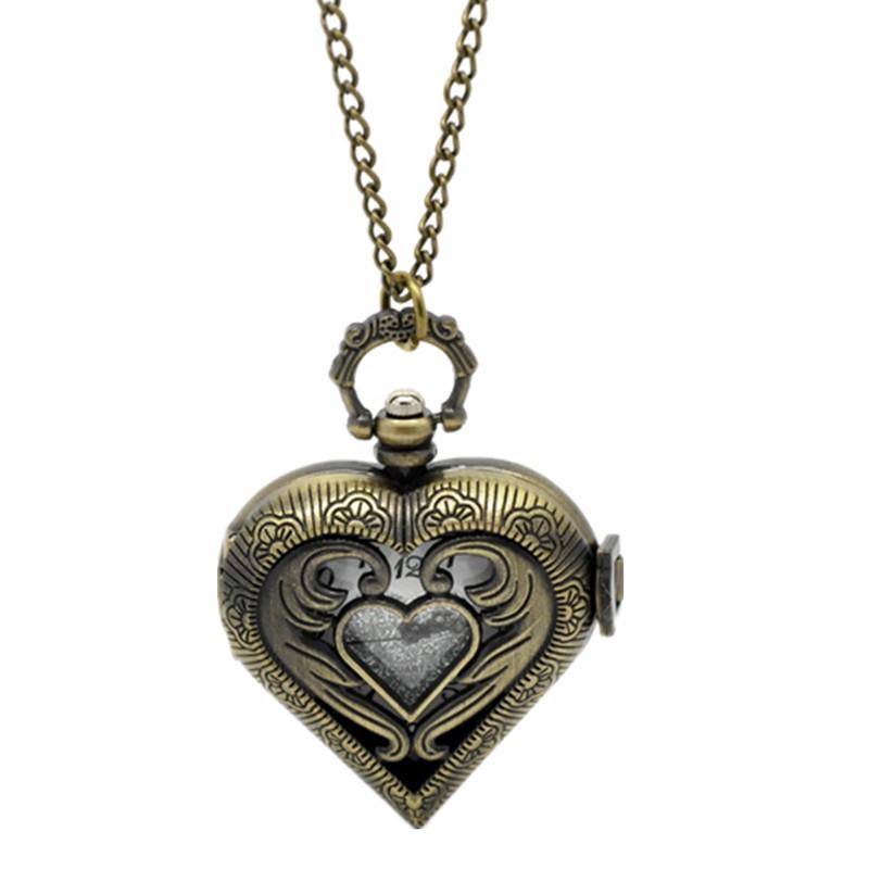 Vintage Heart-Shaped Quartz Pocket Watch Necklace with Flip Cover