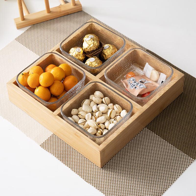 Korean Style Bamboo Wood Divided Serving Tray with 4 Bowls