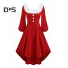 Christmas Performance Dress Fluffy Square Neck Pure Color A-line Irregular Hem Button Decor Festive Stage Show Santa Cosplay Costume New Year Party