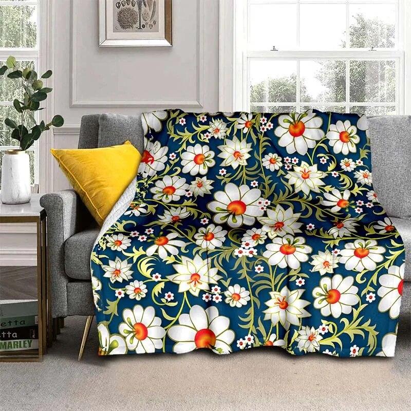 Módní přikrývka se zářivými květinami – lehký flanelový přehoz na pohovku, přikrývka s digitálním potiskem s měkkou a červotočivou flanelovou látkou