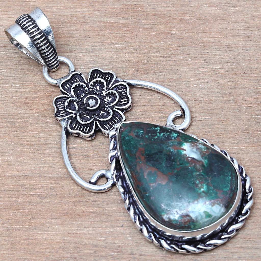 Pendant Chrysocolla Gemstone Handmade Gift For Her Silver Jewelry 2.5"