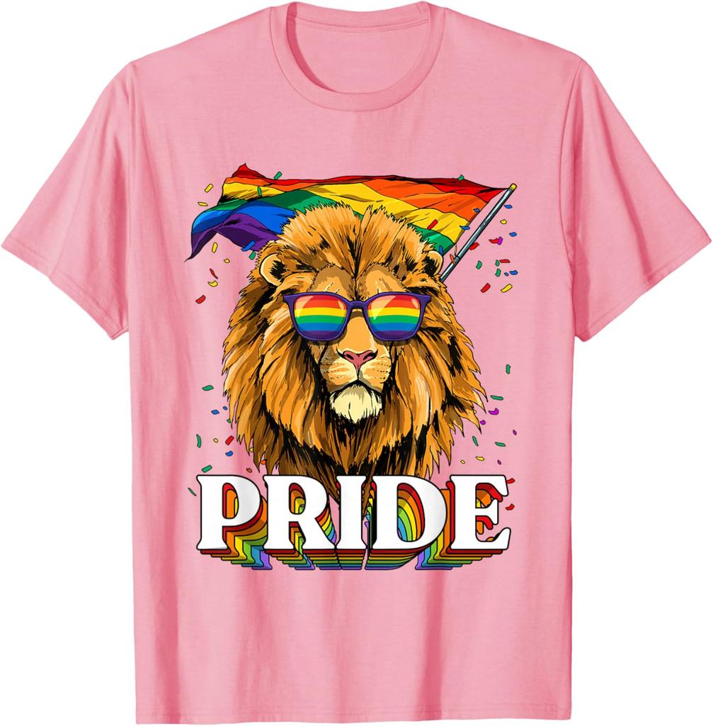 Lion Pride LGBT Rainbow Flag Sunglasses Graphic Tee Casual Cotton T-Shirt for Men