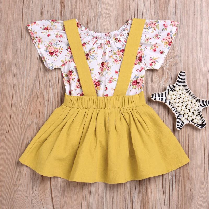 Baby Girls Flower Romper Petal Sleeve Jumpsuit Tops with Floral Suspender Skirt with Bowknot Headband Outfits Set