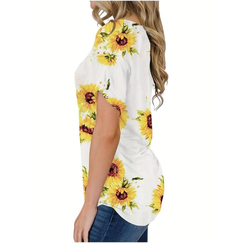 T-Shirt mit Sonnenblumen-Print und V-Ausschnitt, lässiges Kurzarm-T-Shirt für Frühling und Sommer, Damenbekleidung