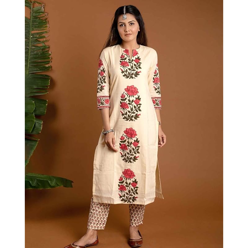 GoSriKi Women's Rayon Blend Straight Printed Kurta with Pant & Dupatta (Actual-Cream-GS_L_Cream_Large)