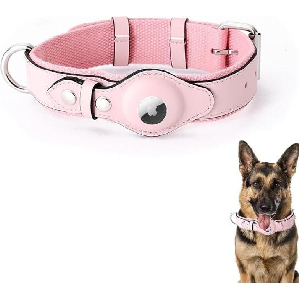 

AirTag Dog Collar Soft Leather Webbing Dog Collar for AirTag Provides Double Protection for Small Medium and Large Dogs(Black,L) S розовый