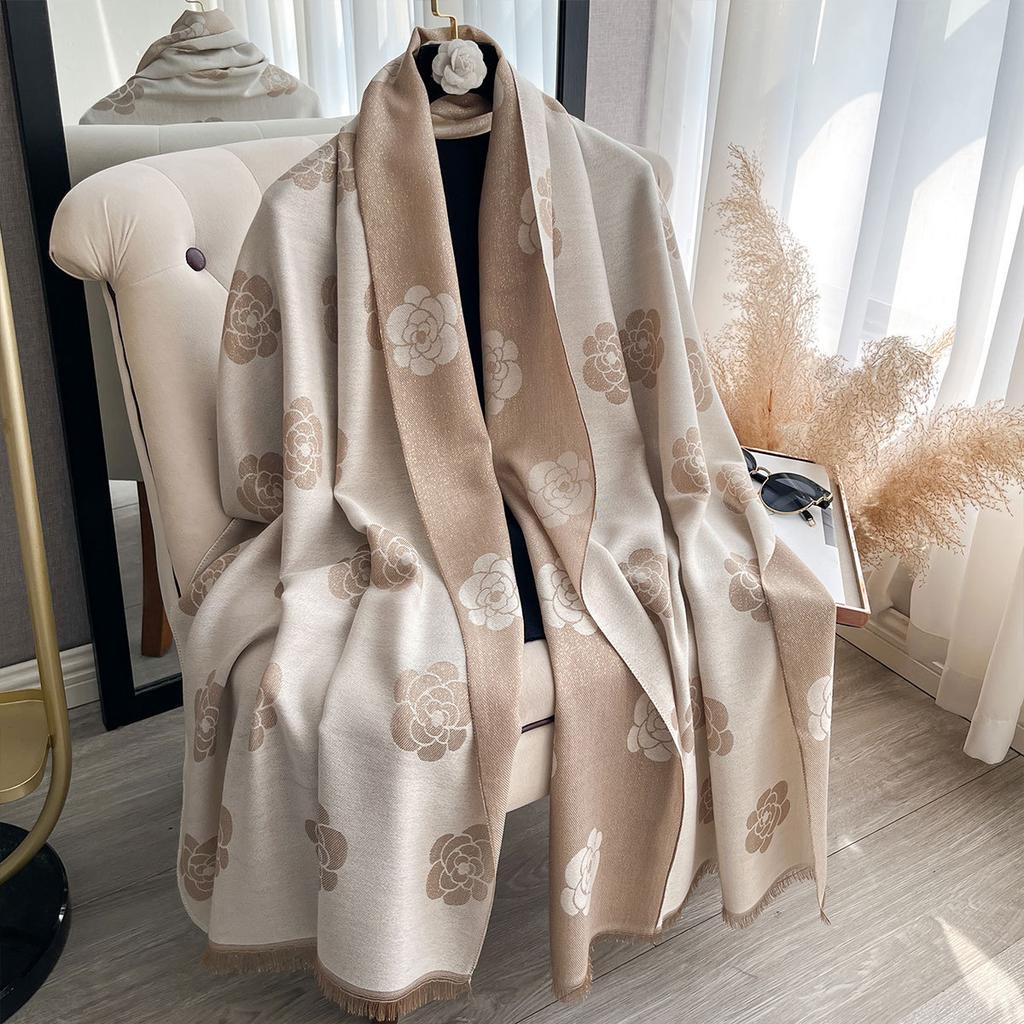 Amazon Popular Advanced Sense Simulation Silk Women'S Sunscreen Scarf Thin Silk Scarf Camellia Gold And Silver Silk Scarf