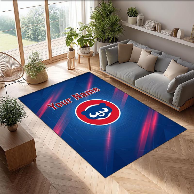 Chicago Cubs Crystal Velvet Rug, Custom Name Text Personalized Non‑Slip Floor Mat for Home Decor Gift