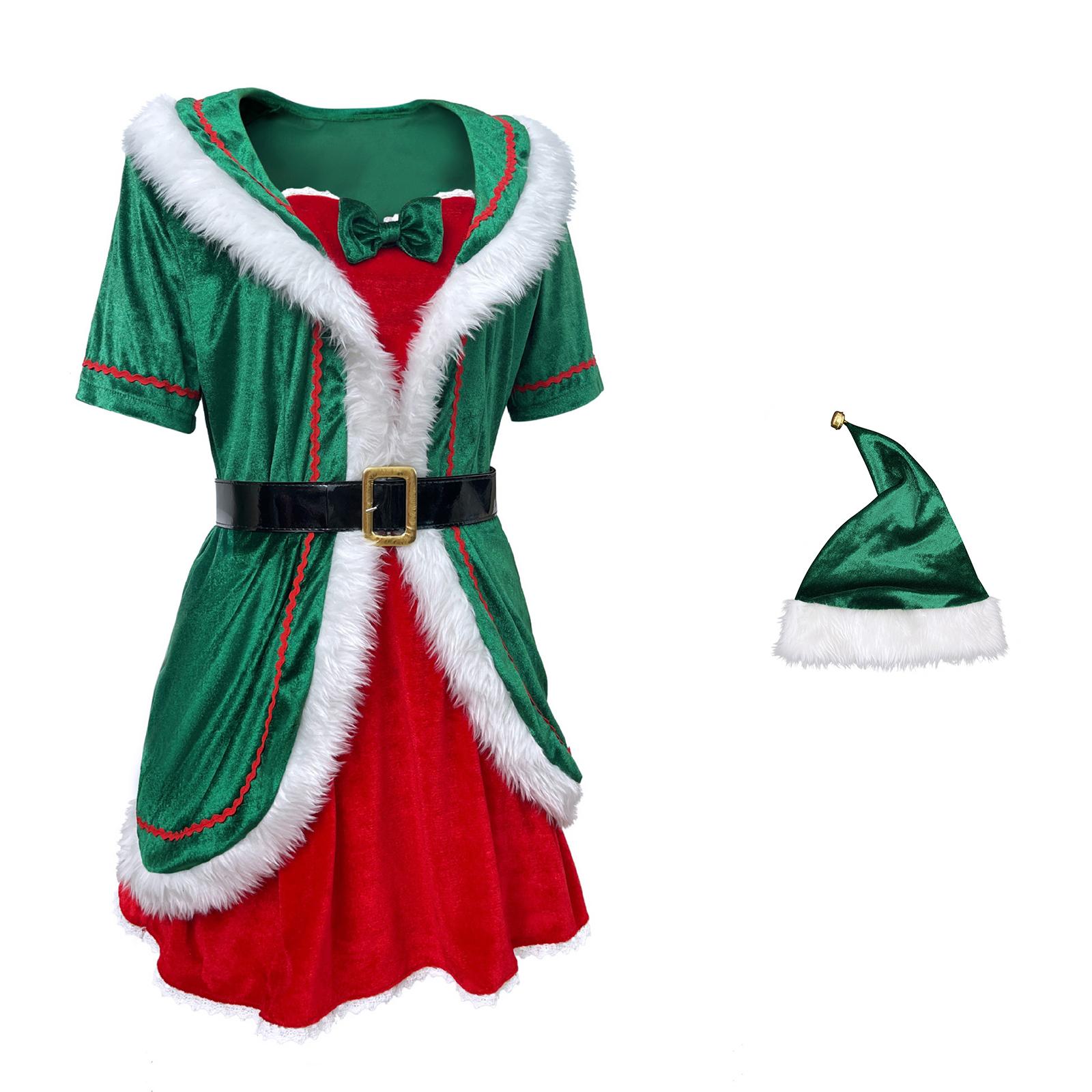 

Женское плюшевое рождественское платье для выступления с короткими рукавами и плюшевой шляпой для выступления XL зелёный