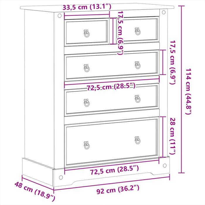 VidaXL Commode Corona 92x48x114 cm bois massif de pin, commode à tiroirs, classeur, armoire à tiroirs, armoire de rangement, 4005674