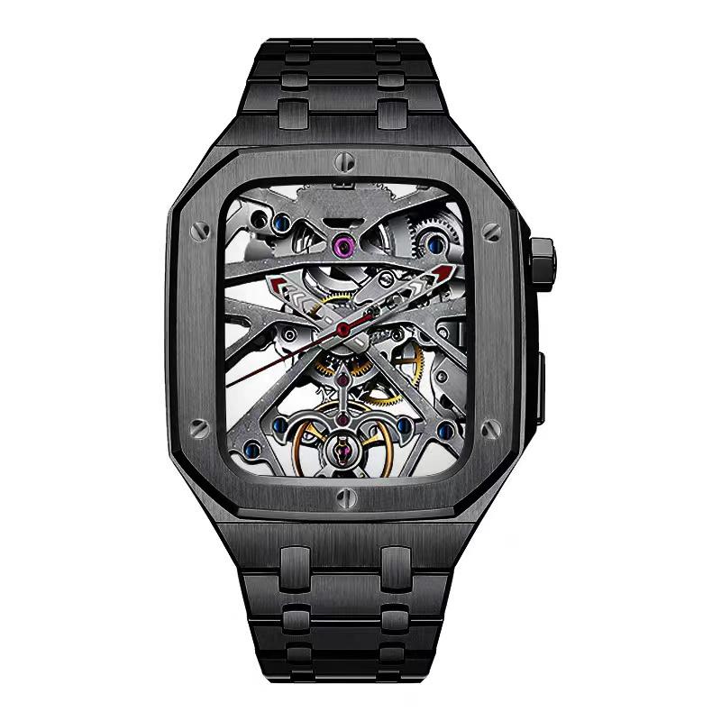 

For Apple Watch Series 8/7 45mm Stainless Steel Watch Band Watch Strap+Anti-drop Protective Case Black