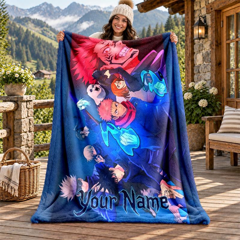Jujutsu Kaisen Custom Name Flannel Blanket Personalized Soft Warm Plush Throw Blanket Customized Gift for Family Friends
