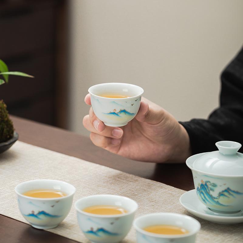 Suet Jade Qianli Jiangshan Tea Set Kung Fu Cover Bowl Teacup Combination Dehua White Porcelain Household Gift Tea Ware