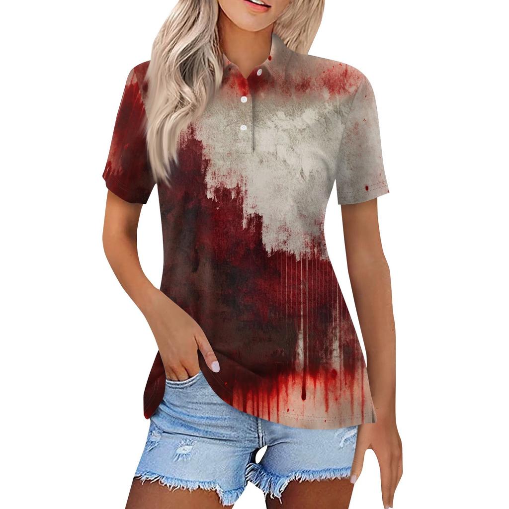 Dámská móda Ležérní klopa Krátký rukáv Halloweenský potisk Košile Dámské zapínací topy