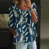Top casual de damă cu mâneci trei sferturi, larg, cu gât rotund și imprimeu floral