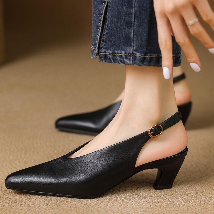 New elastic band high heels women's shoes thick heel bag head empty single shoes full leather black work small leather shoes comfortable