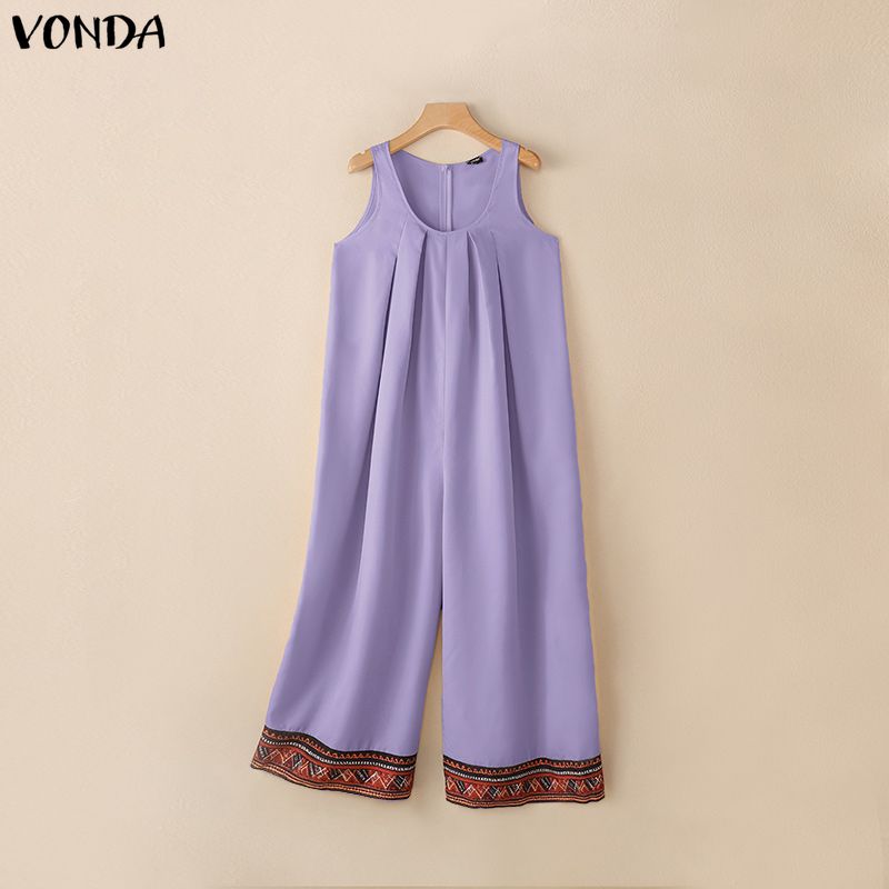 VONDA Women Summer Sleeveless Print Hem Casual Long Holiday Jumpsuits Overalls