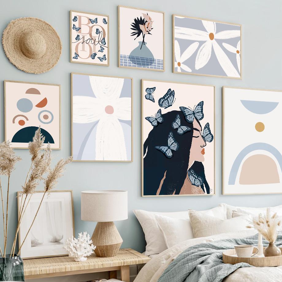 Mädchen Schmetterling Blume Vase Linien Wandkunst Leinwandbild Abstrakte Poster und Drucke Hotel Bar Wandbilder Wohnzimmer Dekoration